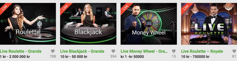 Utvalda live spel hos unibet