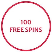 En rund ram i rött. Inuti står texten "100 free spins"