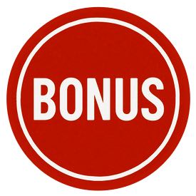 Rund bild i rött och vitt med texten "Bonus" centrerat i mitten.