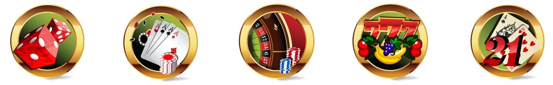 Ikoner för casinospelen craps, blackjack, slots, roulette och baccarat som man kan testspela gratis