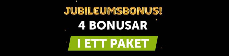 Banner med texten "Jubileumsbonus 4 bonusar i ett paket"