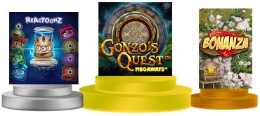 Prispall med bästa slots med Cascade och Avalanche. Gonzo's Quest etta, Reactoonz tvåa och Bonanza trea.