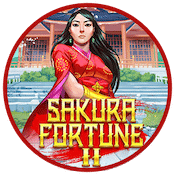 Bild på logga och kvinna i röd klänning i Sakura Fortune 2 recension