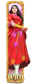 Kvinna i röd klänning på wildsymbolen som utlöser Sakura Fortune 2 bonus