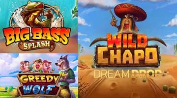 Loggor Big Bass Splash, Wild Chapo Dream Drop och Greedy Wolf som är populära nya spel 2022.