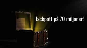 Skattkista och texten "Jackpott på 70 miljoner"