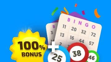Reklam för Lyckost nya bonus. Skylt med 100% bonus och bingobrickor.