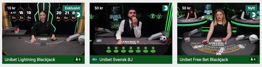 Exklusiva blackjackbord i unibet live casino Sverige