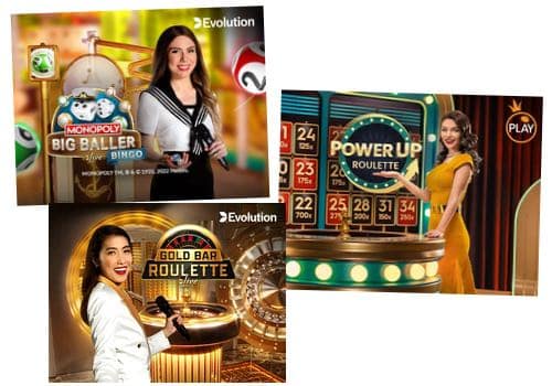 Bilder på nya livespelet Monopoly Big Baller, Power Up Roulette och Gold Bar Roulette