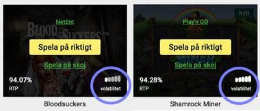 Exempel på hur unibet presenterar volatilitet i slots i sin lobby.