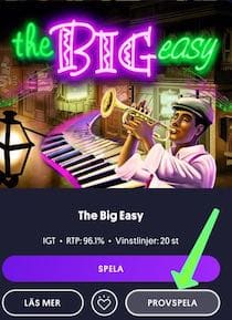 Visar var man klickar för att provspela på slotten The Big Easy