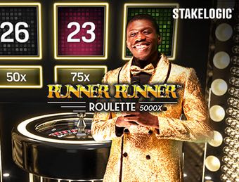Runner Runner Roulette 5000x logga plus bild på dealer med casinot i bakgrunden