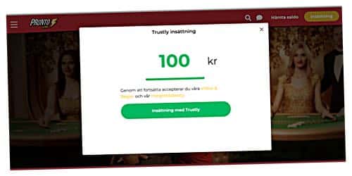 Snabb insättning med trustly hos Pronto Live