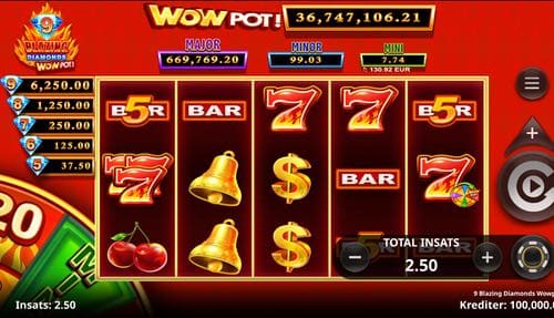 Skärmbild från 9 Blazing Diamonds WowPot slot