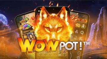 WowPot-loggan framför en räv. I bakgrunden tre mobiler med casinospel.