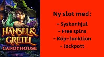 Bild på Hansel & Gretel Candyhouse och information om att slotten innehåller funktioner som syskonhjul, free spins, köp-funktion och jackpott