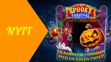 Bild på introt till slotten Spooky Carnival och en pil med texten nytt.