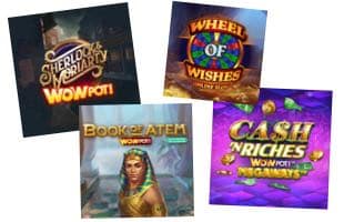 Fyra olika WowPot slots: Sherlock & Moriarty WowPot, Wheel of Wishes, Cash 'N Riches WowPot Megaways och Book of Atem WowPot