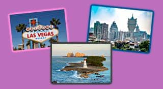 Vykort från tre av de största casino städerna i världen: Las Vegas, Macao och Paradise Island och Nassau