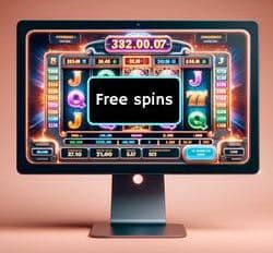 Visar en slot på en datorskärm där någon fått free spins att spela med gratis.