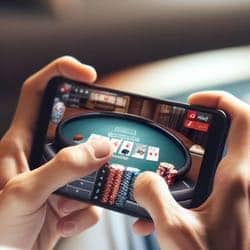 Man som spelar live casino i mobilen