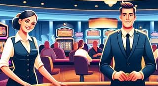 En bild på en man och en kvinna som jobbar i ett casino.