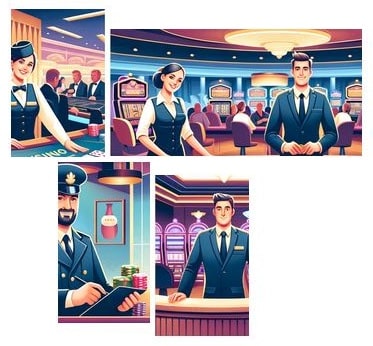 Bilder på olika personer som jobbar på casino. I bilderna syns dealers, en vakt och en receptionist.