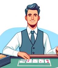 En dealer iklädd skjorta, väst och slips som sitter vid ett spelbord.