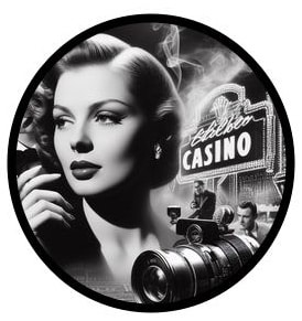 Bilden illustrerar casino filmens historia genom ett svartvitt collage föreställande en kvinna framför ett casino. I nedre delen av bilden syns delar av en gammal filmkamera.