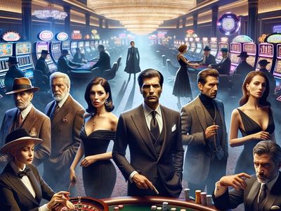 Bilden illustrerar olika karaktärer i casino filmer. Ett gäng personer står eller sitter vid ett spelbord. I bilden syns den professionelle spelaren, kvinnor, casinomogulen och skurken.