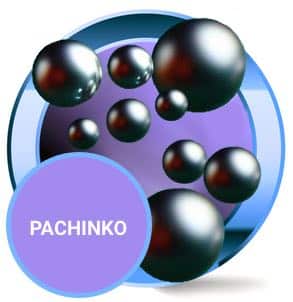 En rund bild som visar stålkulor i ett Pachinkospel som flyger omkring. I ena hörnet av bilden finns en etikett med texten Pachinko.