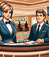 Bilden föreställer två receptionister på ett casino som är redo att välkomna gäster.