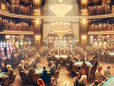 En bild tagen inifrån ett casino som visar spelmiljön. I bilden syns kristallkronor, spelbord med spelare och spelautomater.