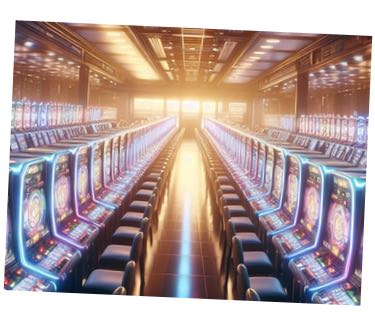 En spelhall med rader av Pachinko spel med gångar mellan raderna. Spelhallen är tom på människor.