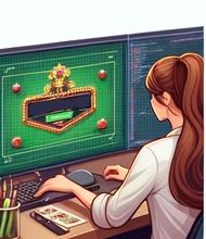En spelutvecklare sitter vid ett skrivbord och arbetar med ett casinospel på datorn.