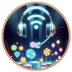 Ett headset svävar framför en kostymklädd person. Under headsetet syns spelmarker och neonlysande symboler. Bilden ska illustrera supporten hos nätcasinot Storspelare.