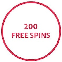 En rund ram i rött. Inuti står texten "200 free spins"