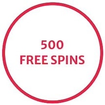En rund ram i rött. Inuti står texten "500 free spins"