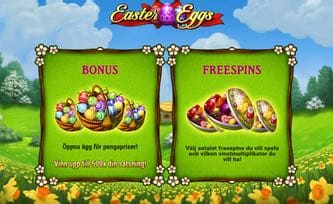 Introbild till slotten Easter Eggs som visar att man kan aktivera ett bonusspel med symbolen med äggkorgar och att man kan vinna free spins med hjälp av symbolerna med påskägg.