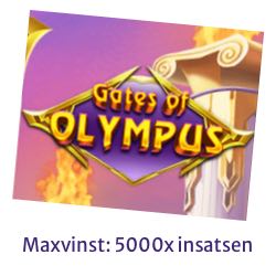 Bild på slotten Gates of Olympus och information om att slotten har en maxvinst på 5000x insatsen.