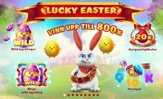 Introbild till slotten Lucky Easter som visar några av alla bonusarna som kan aktiveras slumpmässigt i spelet.