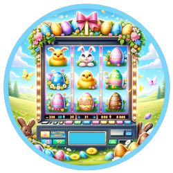 Bild på en påsk slot med kaniner, ägg och kycklingar på hjulen.