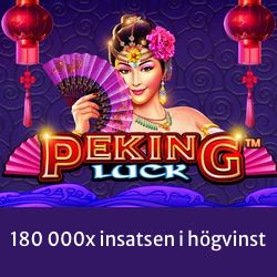 Bild på slotten Peking Luck och en infotext om att spelet har en högvinst på 180 000x insatsen