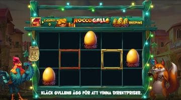 Exempel på hur bonusspelet i Rocco Gallo kan se ut. På bonushjulet finns tre gyllene ägg. Till vänster om hjulet står Rocco Gallo och till höger står Vinnie Volpe.