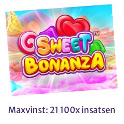 Bild på spelautomaten Sweet Bonanza. Under bilden står texten "Maxvinst 21 100x insatsen"