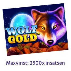 Bild på slotten Wolf Gold med information om att maxvinsten i spelet är 2500x insatsen