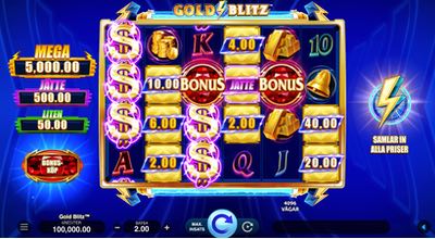 Spelvy från Gold Blitz slot där man ser hjulen med symboler.