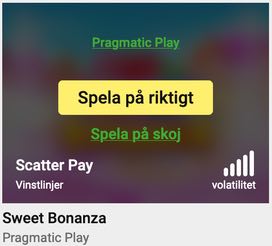 Exempelbild från unibets casinolobby på hur de presenterar volatiliteten i slots. Volatiliteten visas som en stapel i fem nivåer. I det här exemplet för Sweet Bonanza är alla fem staplarna ifyllda vilket betyder att slotten har hög volatilitet.