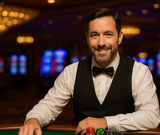 Dealer vid ett spelbord på ett casino. Bilden ska illustrera att spelen sköts av dealers på Holland Casino