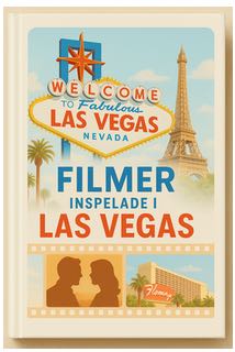 Ljust och färgglatt bokomslag till en bok med titeln "Filmer inspelade i Las Vegas". Omslaget visar den ikoniska "Welcome to Fabulous Las Vegas"-skylten mot en blå himmel med vita moln, samt ett stiliserat Eiffeltorn från Paris Las Vegas. Titeln är i stora blå och röda bokstäver. Längst ner syns en filmremsa med siluetter av ett par och ett foto av Flamingo Hotel omgivet av palmer.
